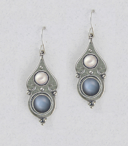 Sterling Silver Gothic Look With Grey Moonstone And Cultured Freshwater Pearl Gemstone Drop Dangle Earrings